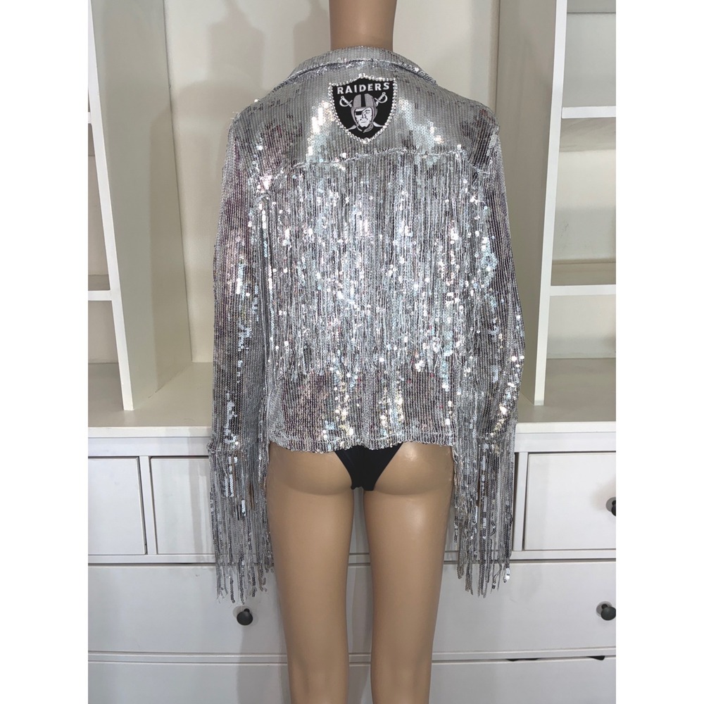 Raiders Sequin Fringe Jacket Womens Medium Silver Raiders Patch Sparkly
